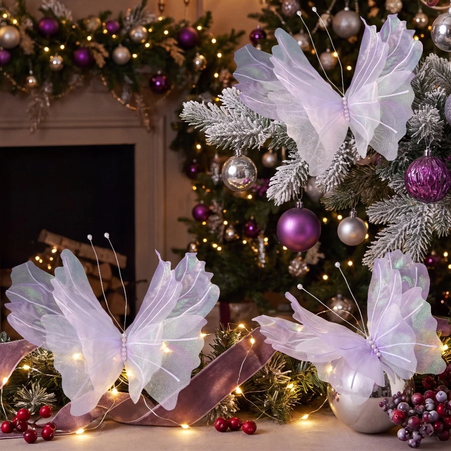 3 pieces of large-sized hanging Christmas butterfly decorations, laser-sheen synthetic butterflies, Christmas tree decorations,
