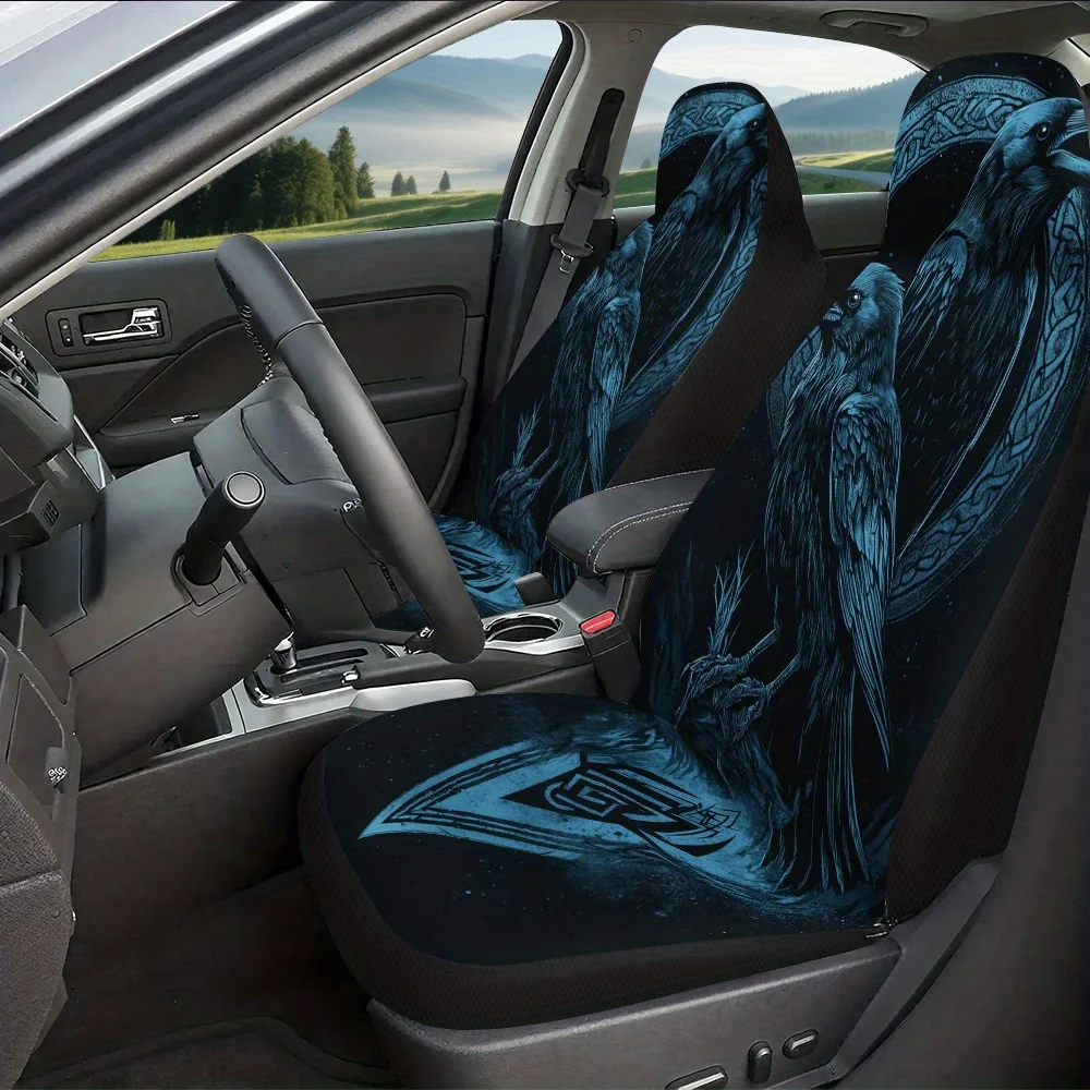 2pcs Viking Raven Design Print Car Seat Covers – Front Seat Protectors For Cars, SUVs & Sedans, Durable And Easy To Install, En