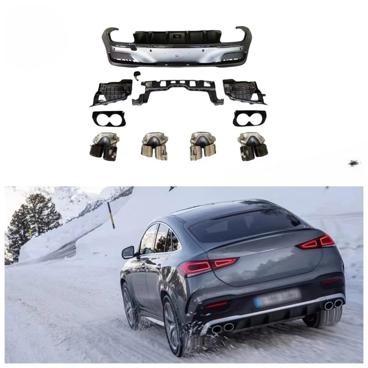 

Задний диффузор в стиле GLE53 с серебристо-черными насадками для C167 GLE Coupe 2020-2022