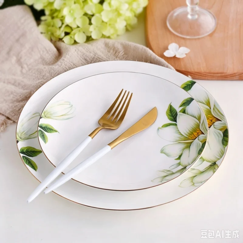 8+10 inch, fine bone china kitchen utensils sets plates, camellia design, porcelain set plate, ceramic dinner set, tableware