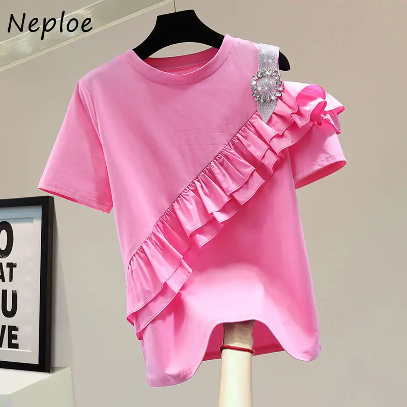 Neploe Off Shoulder Diamond Short Sleeve T-Shirt 2024 Summer Korean Loose Slim Ruffle Panel Solid Color Tops Femme Simple Tees