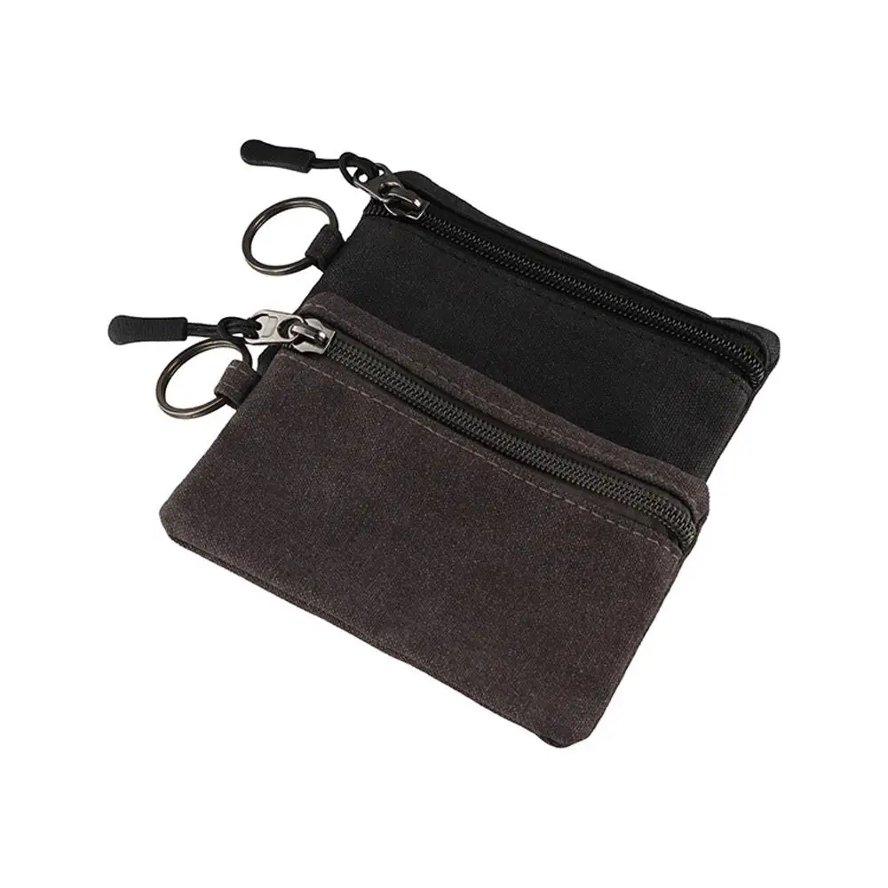 Casual Hand-held Canvas Coin Purse Solid Color Retro Mini Coin Pouch with Key Ring Classic Pouch Bag Men