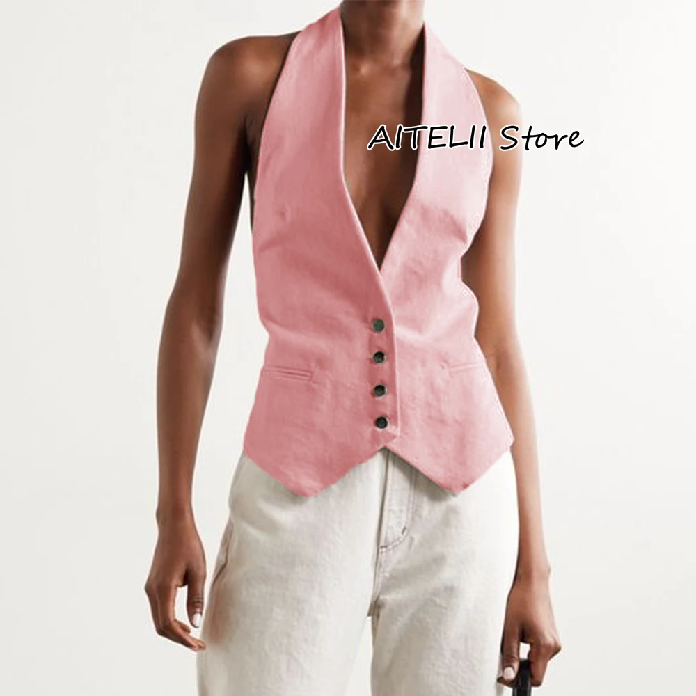 Summer Sleeveless Vests for Women Vest White 2023 Female V Neck Halter Waistcoat Single Breasted Fashion Style