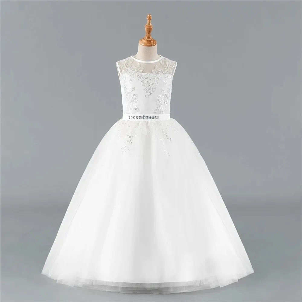 Simpatici abiti da ragazza di fiori per matrimoni a-line Scoop Tulle Appliques Bow lunghi abiti da prima comunione per bambina bambini piccoli