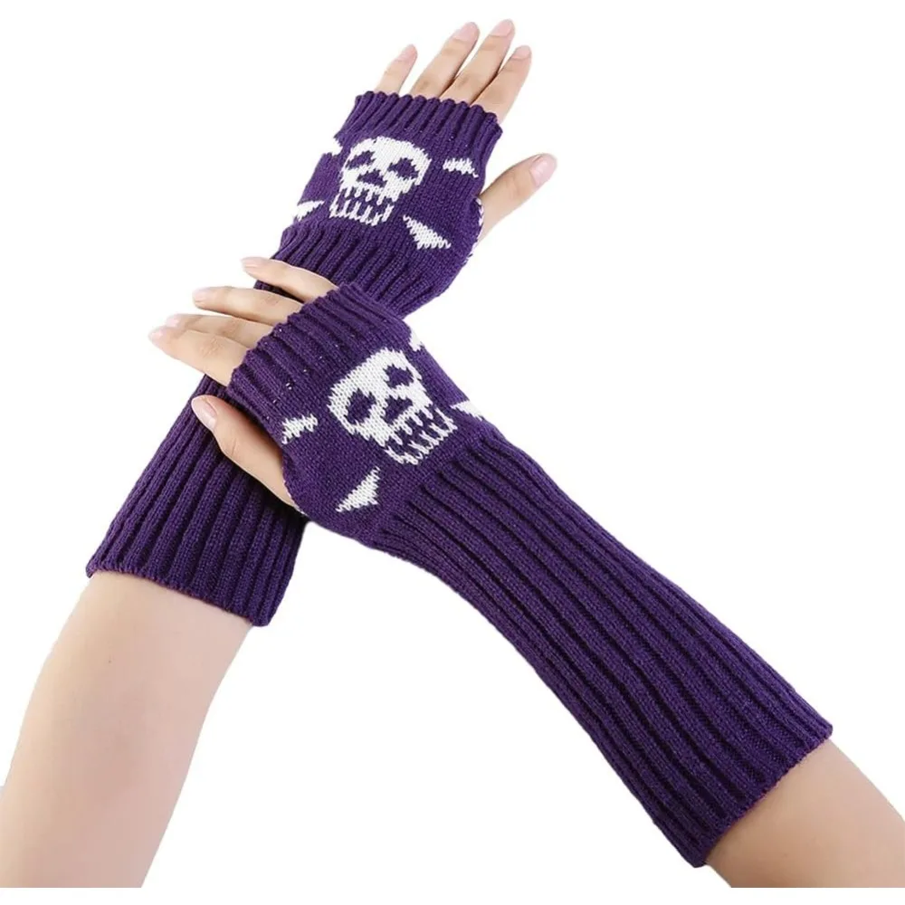 2 Pairs Halloween Arm Warmers Goth Fingerless Gloves Winter Purple Gothic Skull Skeleton Print Soft Hand Wrist making kit