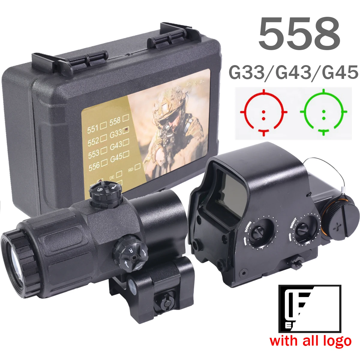 EOT**H 558+G33/G43/G45 3x 5x Magnifying Tactical Scope Set Combo Red Green Reflex Holographic Dot Sight for 20mm Picatinny Rail