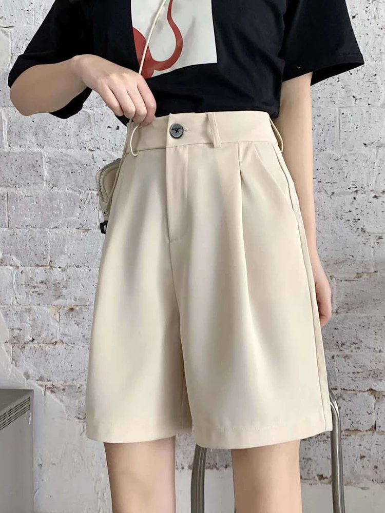 Summer High Waist Wide Leg Suit Shorts for Women 2025 Solid Color Loose Straight Office Ladies Short Pants Korean Pocket Shorts