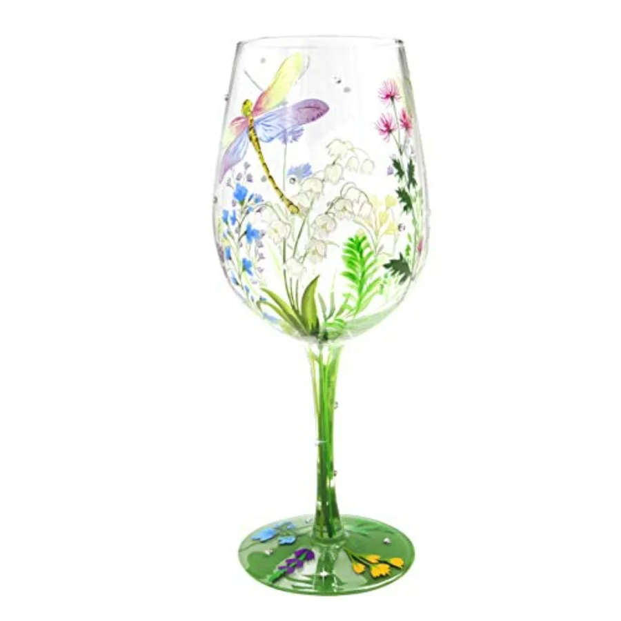 

Hand Painted Wine Glass Colorful Dragonfly Flower Artisan Painted 15 oz Glass Novelty Gift for Birthdays, Weddings, Valentine's