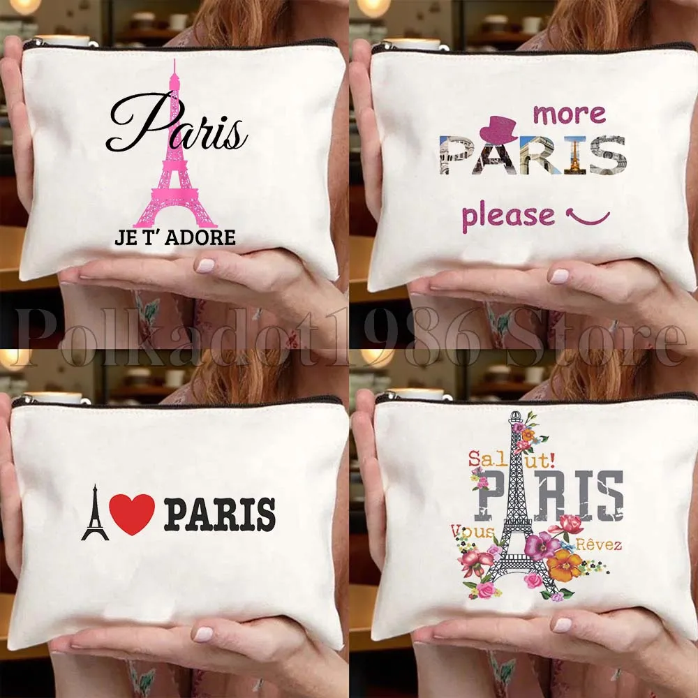 الأزهار Ici Cest باريس برج ايفل القلب فرنسا الهدايا حقيبة قماش قنب السفر حقيبة مستحضرات التجميل المرأة حقيبة مستحضرات تجميل حقيبة تخزين الموضة