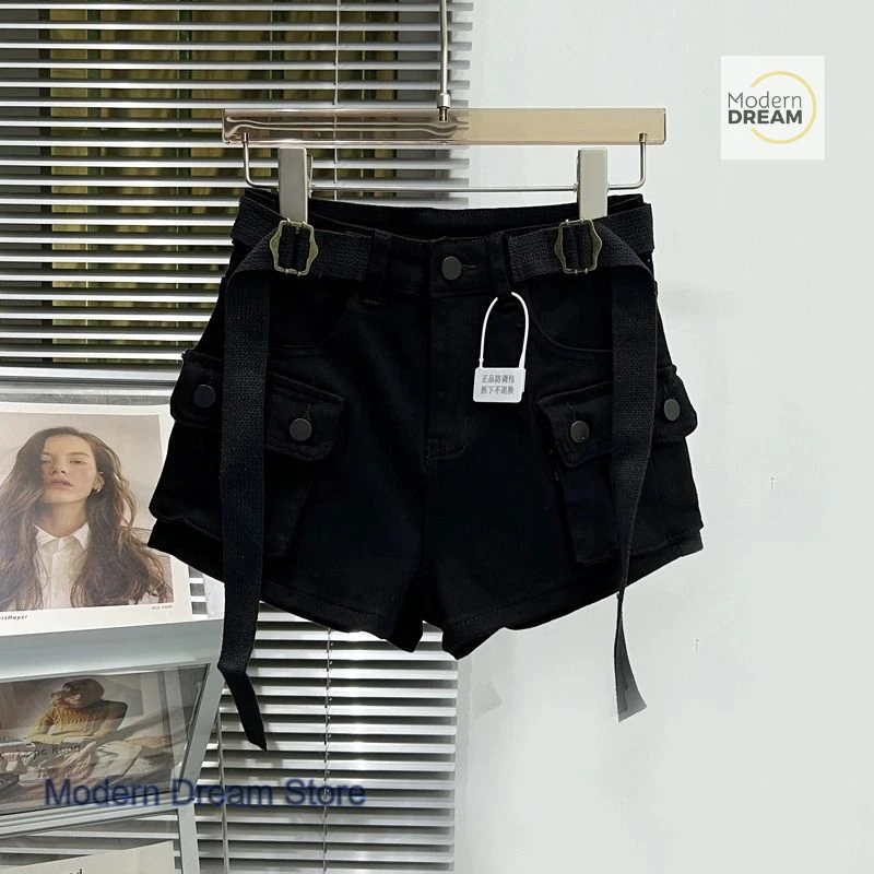 Korean-style big pocket casual wear denim shorts women's summer new fashion elastic slim high waist hot pants for spice girls.