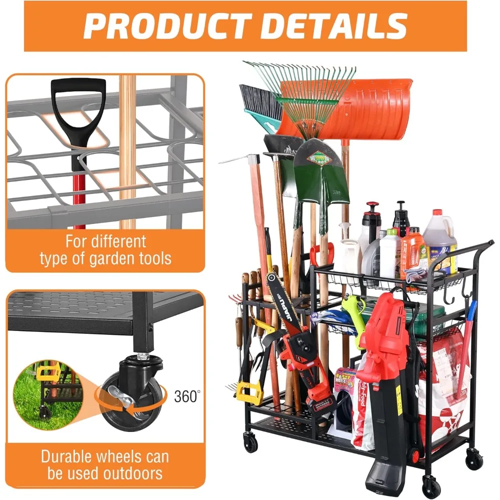 Garden Tool Organizer with Wheels, Garden Tool Rack,  Fertilizer, Garden Tool Storage for Garage, Shed, Outdoor