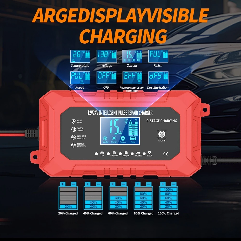 Cargador inteligente de 12V, cargador de batería de coche de 12V15A/24V8A con modo de memoria, función de suspensión, compensación de temperatura