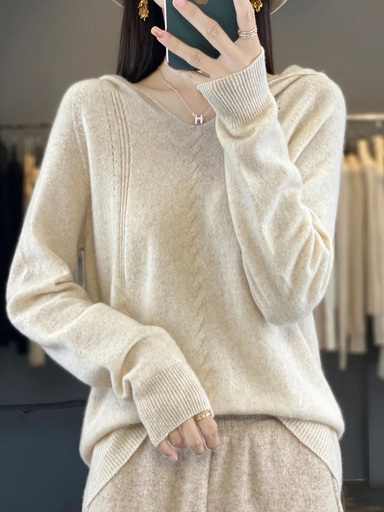 

Chic V-neck Cable Stitch Women's Pullovers Solid Color Basic Soft Warm 100% Merino Wool Casual Loose Hooded Sweatshirt Tops