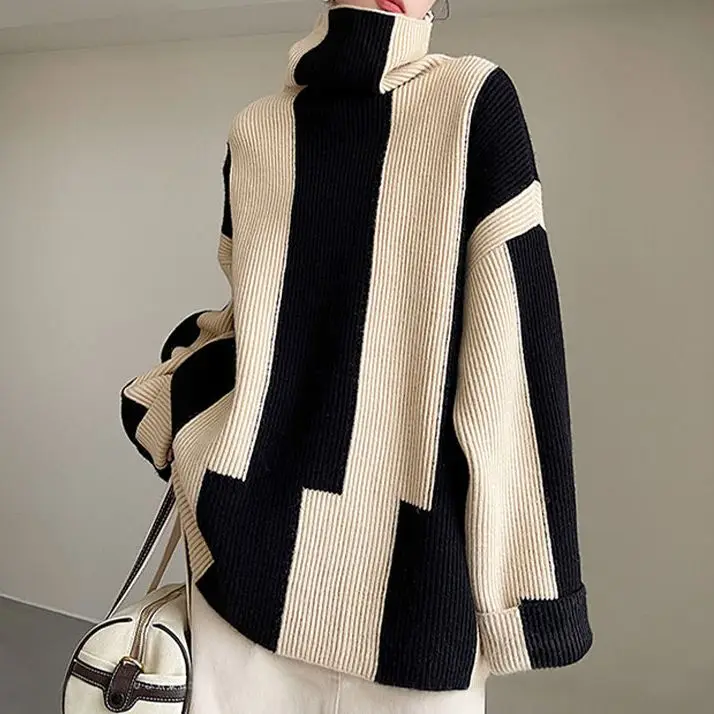 

Patchwork Striped Sweaters Women Spring Summer New Turtleneck Knitted Pullovers Loose Long Sleeve Casual Warm Tops