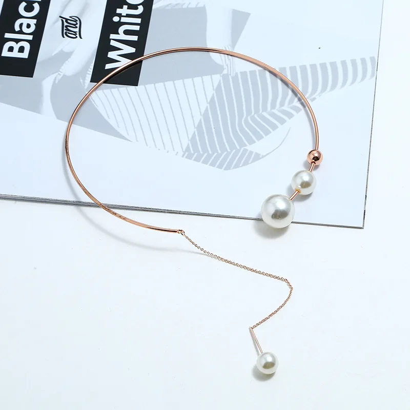 New Geometric Simple Round Bead Opening Adjustable Metal Collar Cold Wind Imitation Pearl Necklace for Women Boho Jewelry Gift