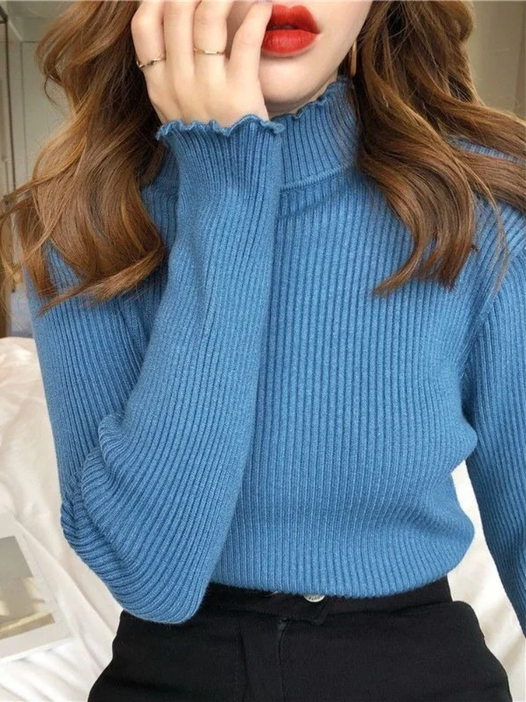 2025 Otoño Invierno capa Base Simple Tops suéter de punto para mujer borde de oreja de madera cuello alto jerseys de manga larga ropa de mujer