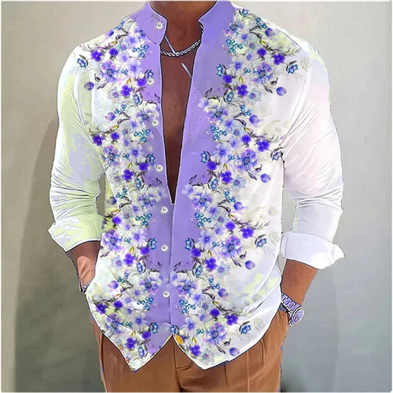 2024 new spring and summer new men\'s casual fashion stand-up collar shirt 3D digital printing flower pattern long-sleeved top