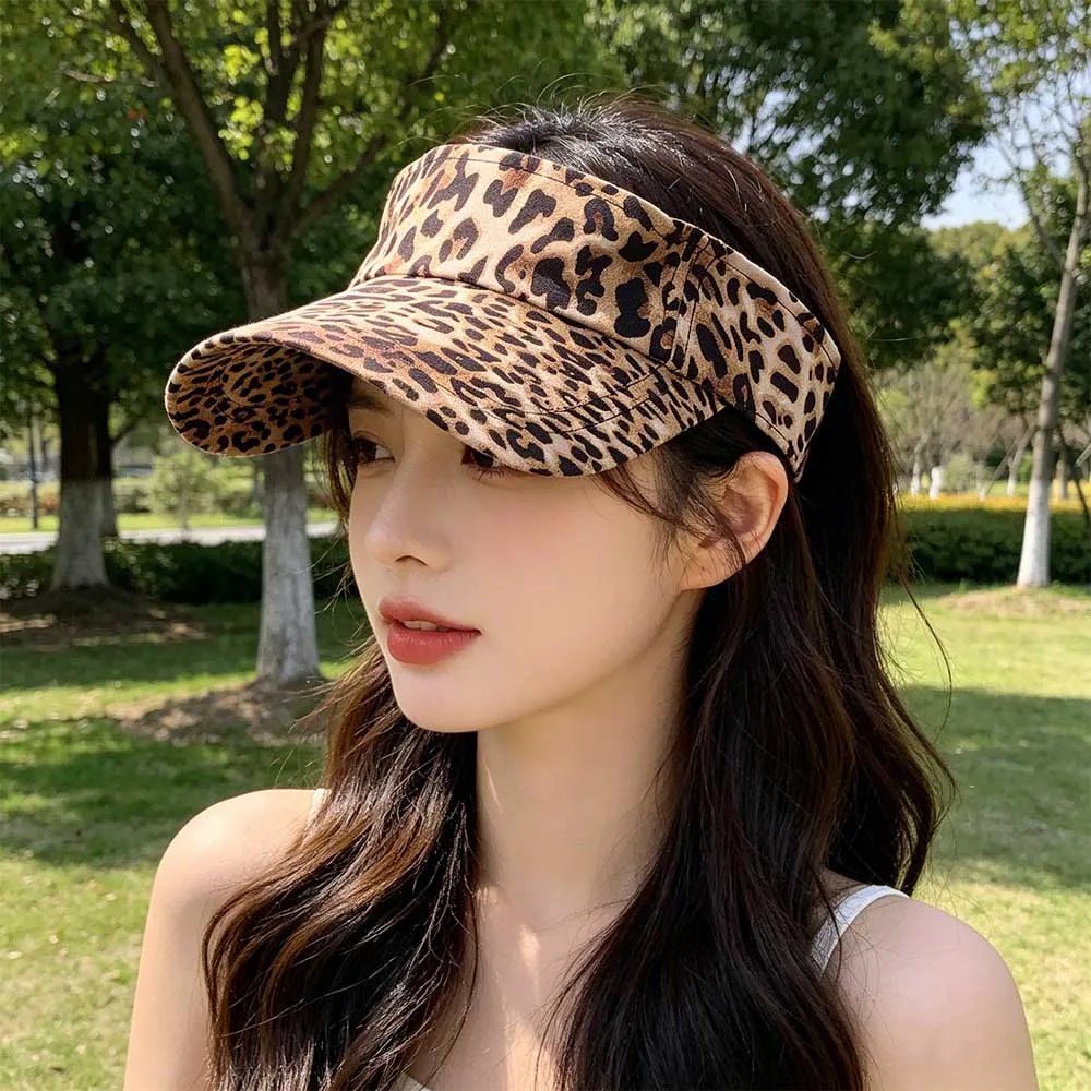 Korean Style Leopard Print Sun Hat Anti-UV Empty Top Sun Protection Hat Curved Brim Peaked Cap Women Sunshade Hat Outdoor