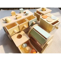 Pastel Wooden Montessori Toys Object Permanence Box with Tray Balls Coins Shapes Spinning Drum for Kids