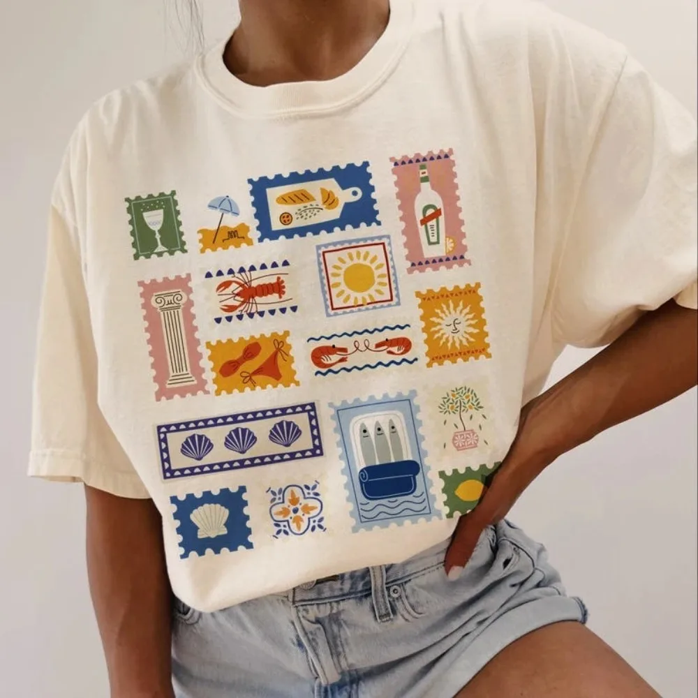 Camiseta de algodón con estampado de sardinas, ostras, langosta, tomate, chica, Costa Amalfi, Tops estéticos con estampado divertido de dinero viejo