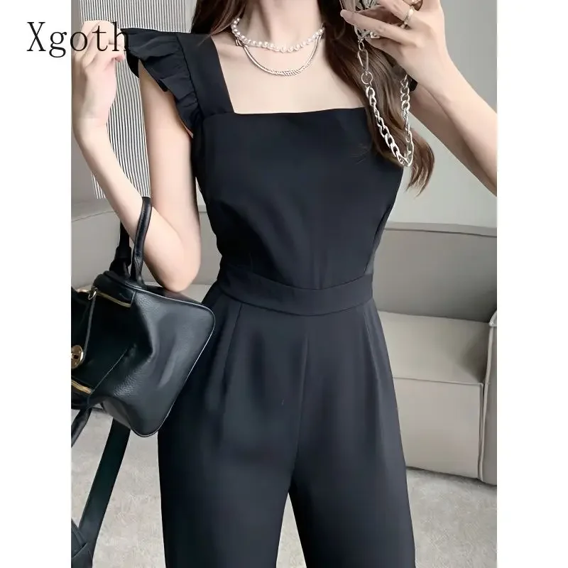 Xgoth black jumpsuit suit square neck flying sleeve wide leg casual pants Korean fashion hot girl slim jumpsuits female clothes