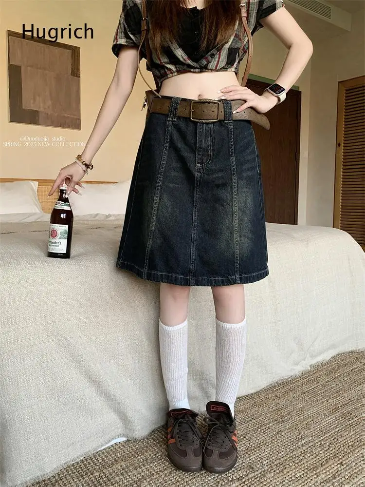 Streetwear Vintage A Line Denim Midi Skirt High Waist Loose Fit Vertical Stitch Mid Length Jean Skirt With Belt