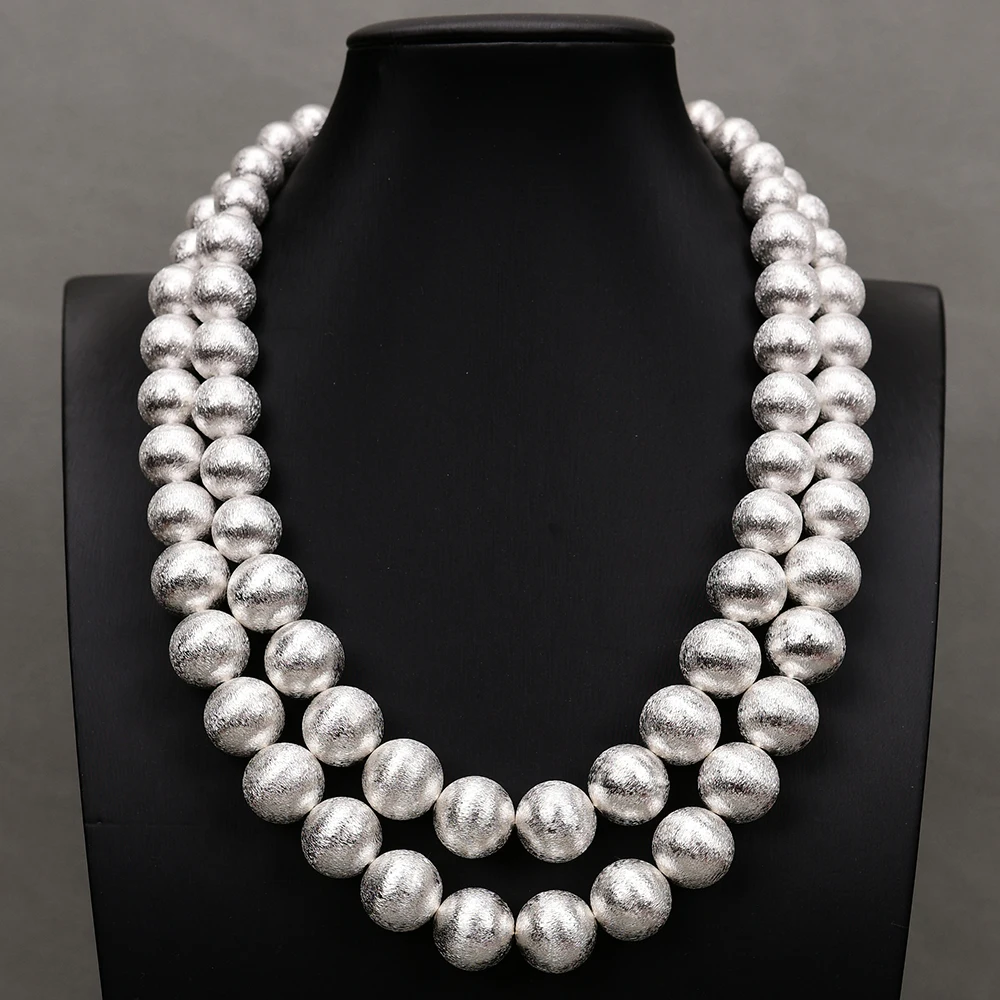 GG 19-21'' 2 Rows Silver Color Plated Copper Ball Brushed Beads Necklace Handmade Multi Rows Necklace Lady Party Gifts