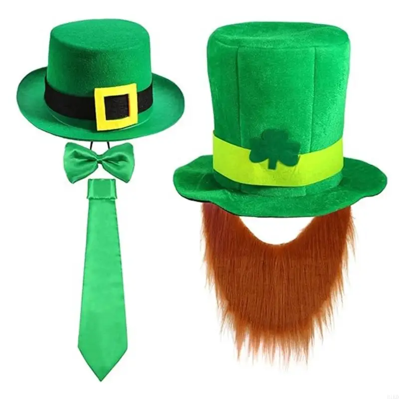 31KD Leprechaun Homburg Top Hat Western Porkpie Hat Bowtie Beard Party Wear