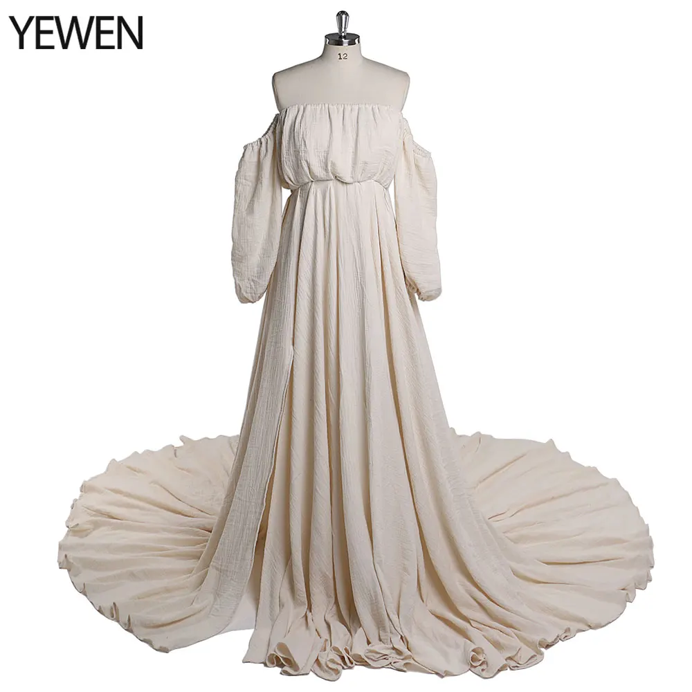 Off Shoulder Cotton Boho Evening Dresses Long Side Slit Photo Shoot Dresses Photography Props YEWEN YW220214