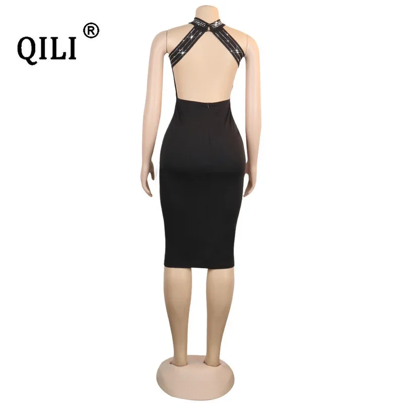 QILI-Women's Sleeveless Backless Diamonds Rhinestone Dresses, Black See Through Mesh Bodycon, Sexy Party Dress