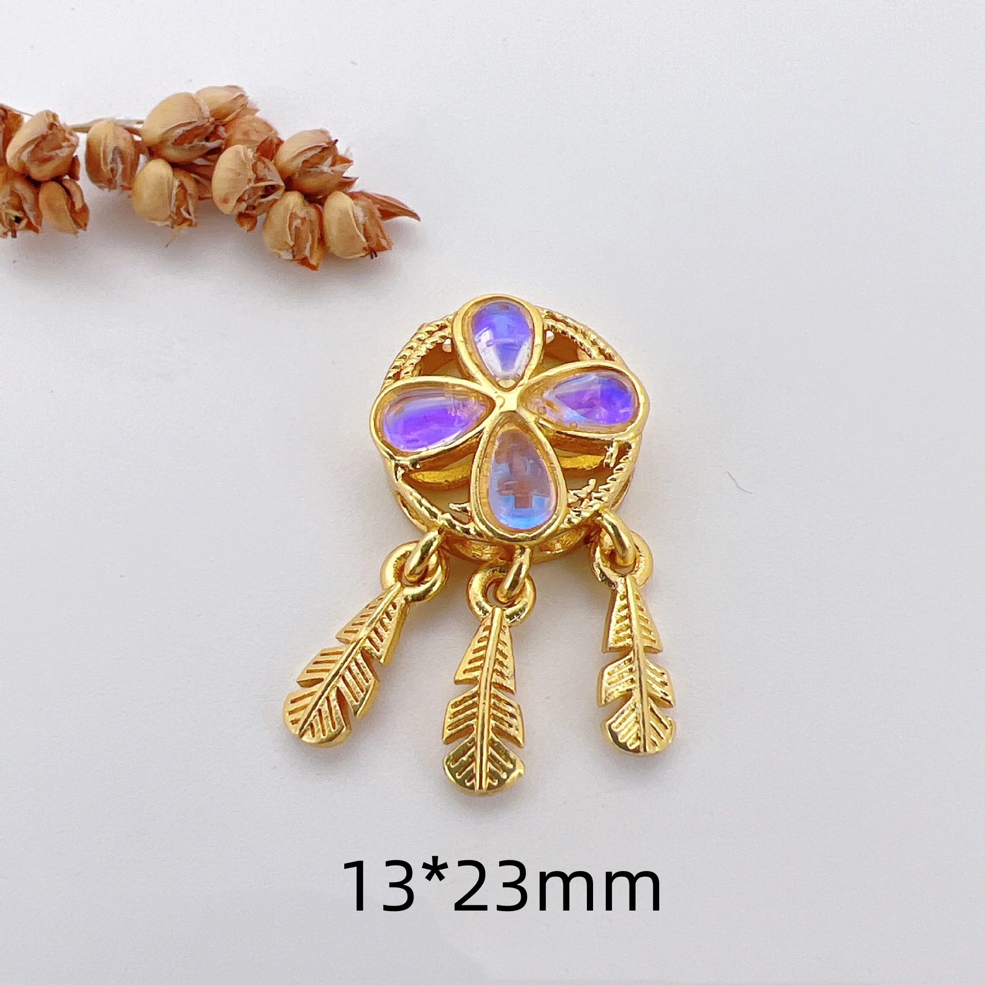 7 Pieces Copper Gold-plated Inlaid Moonstone Dreamcatcher Pendant Spacer Beads Diy String Necklace Jewelry Accessories Wholesale