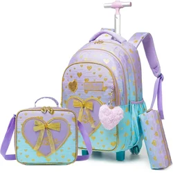 Sacs d'école à roulettes pour filles, sac à dos de voyage pour enfants, ensemble de sacs à roulettes avec sac à lunch, cartable à roulettes pour enfants, 18 po