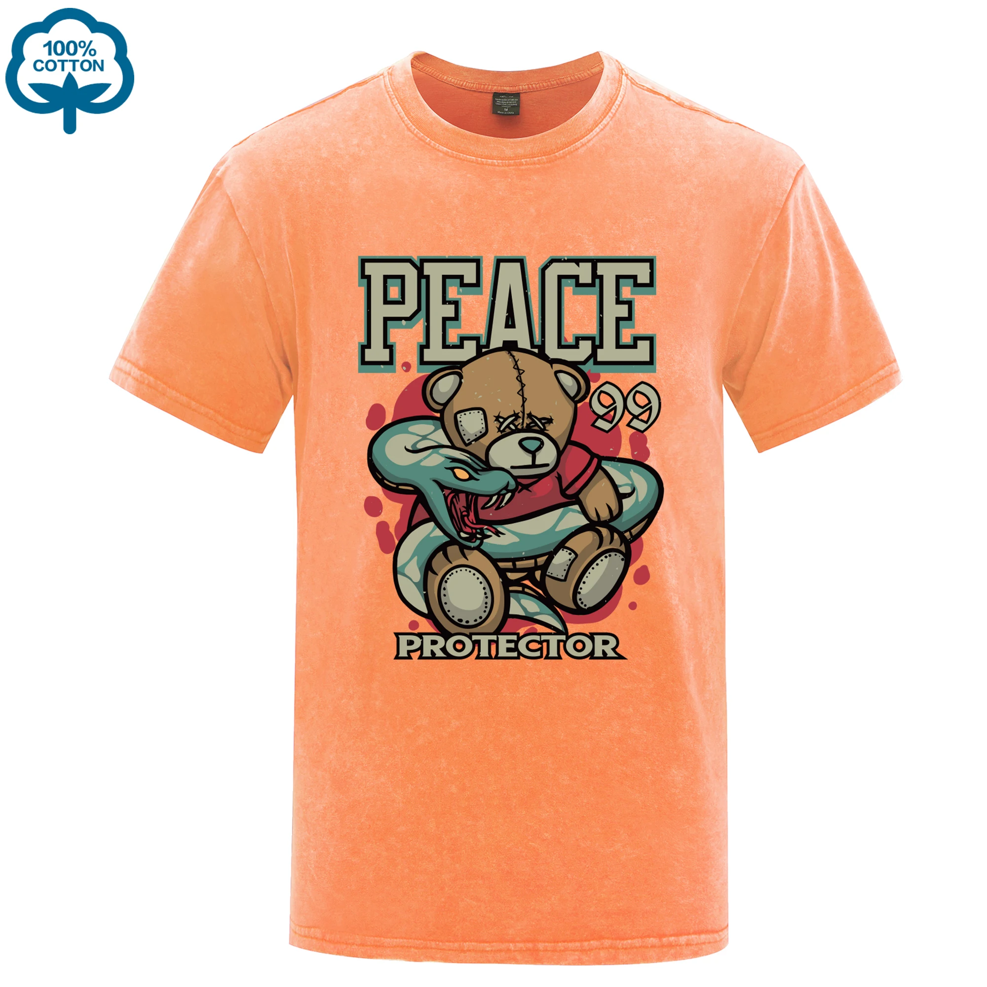 

Peace Protector Hip Hop Bear Prints Men Washed Tee Shirt Casual Soft T-Shirts Breathable Loose Clothes Unisex Cotton Loose Top
