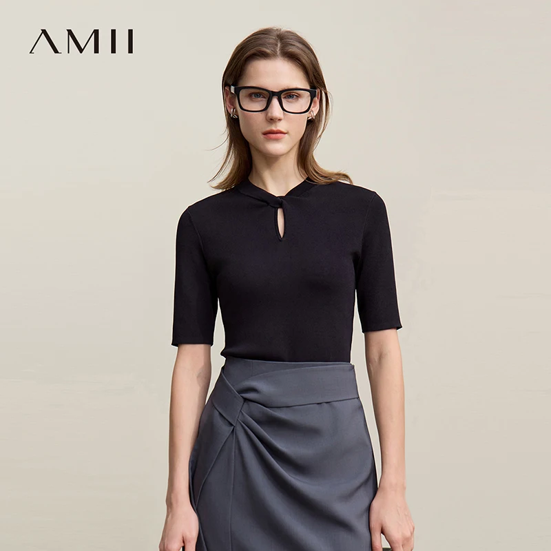 AMII Tops For Woman 2026 Autumn New Casual Elegant Knotted Hollowing Design Sense Tees Women Half Sleeve Knitted Top 12641050