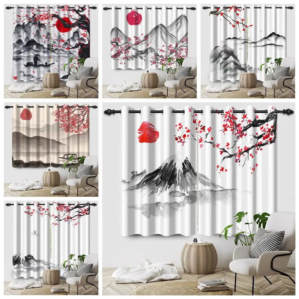 

Chinese Traditional Ink Painting Blackout Curtains Plum Blossom Red Sun Mountain River Bedroom Living Room Window Drapes 2Pcs
