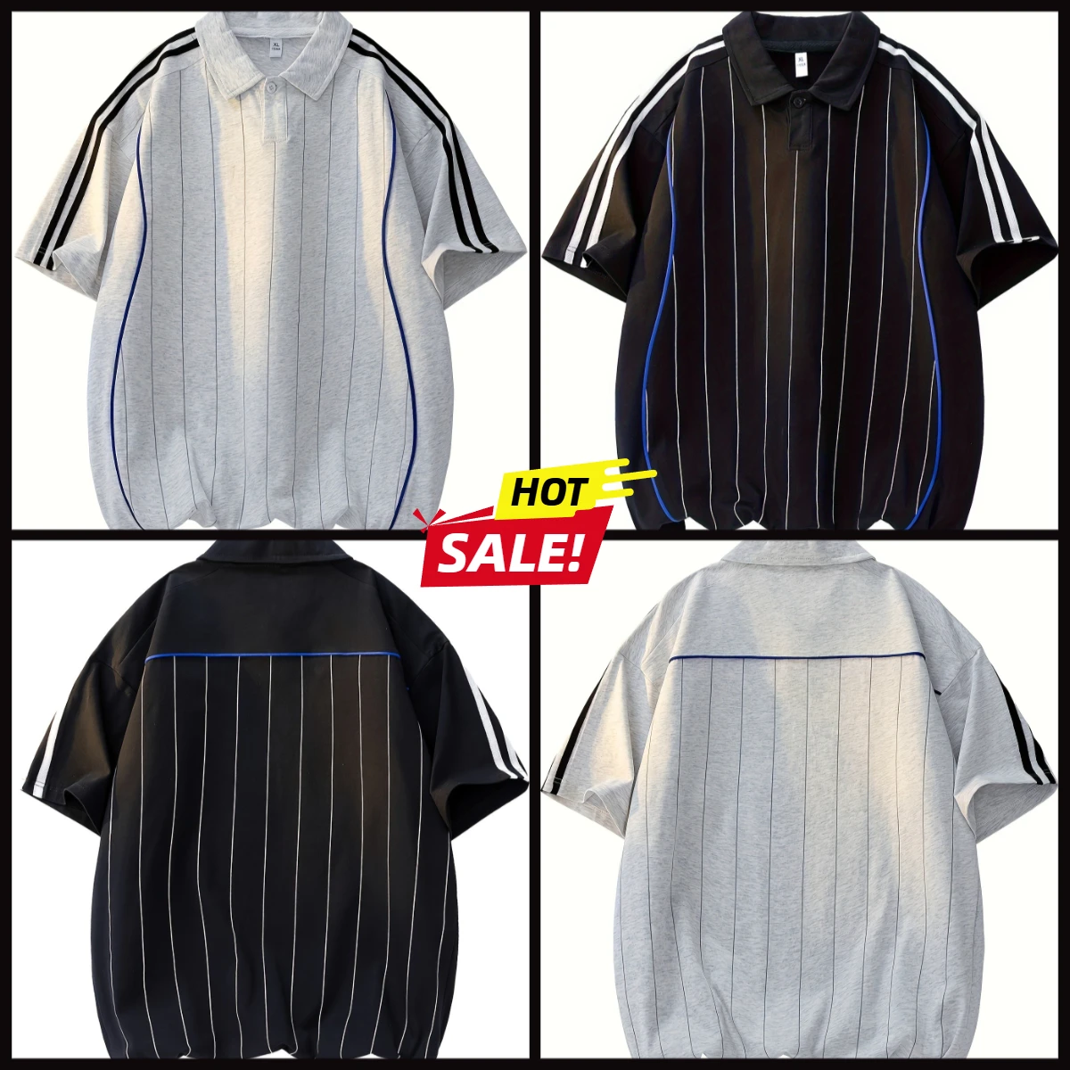 

Men'S Stylish Black & White Striped Polo Shirt with Blue Accents - Short Sleeve, Button-Up Collar,