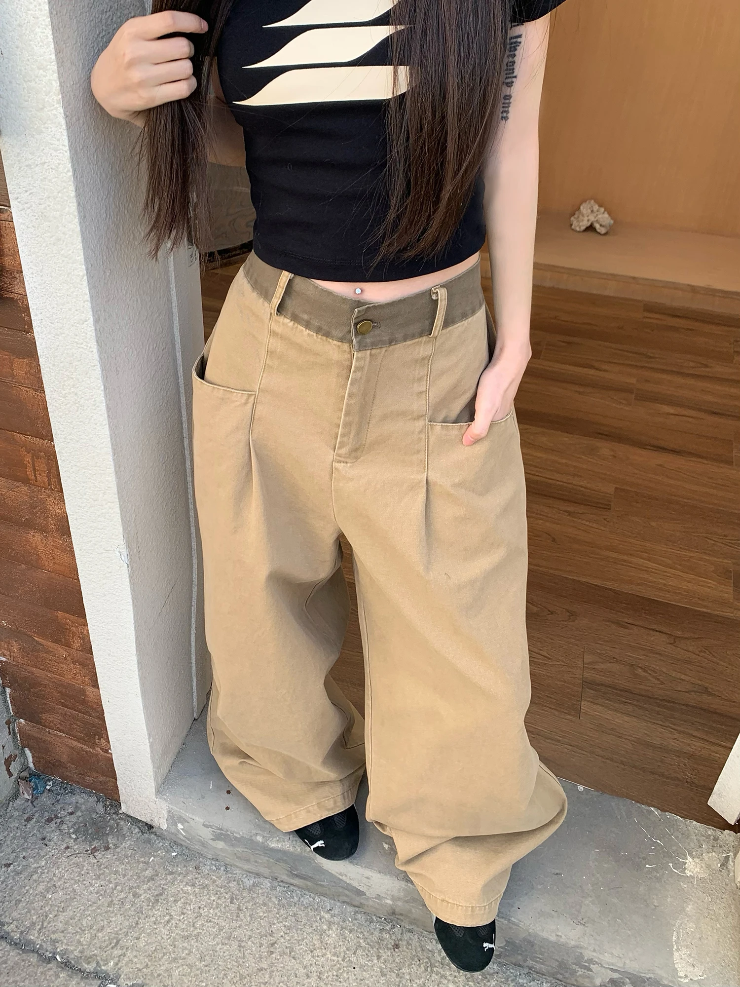 

Женские повседневные брюки Street Sle Deconstructed Work Pants свободного кроя с широкими штанинами, удлиненные, удобные, с дизайнерской талией
