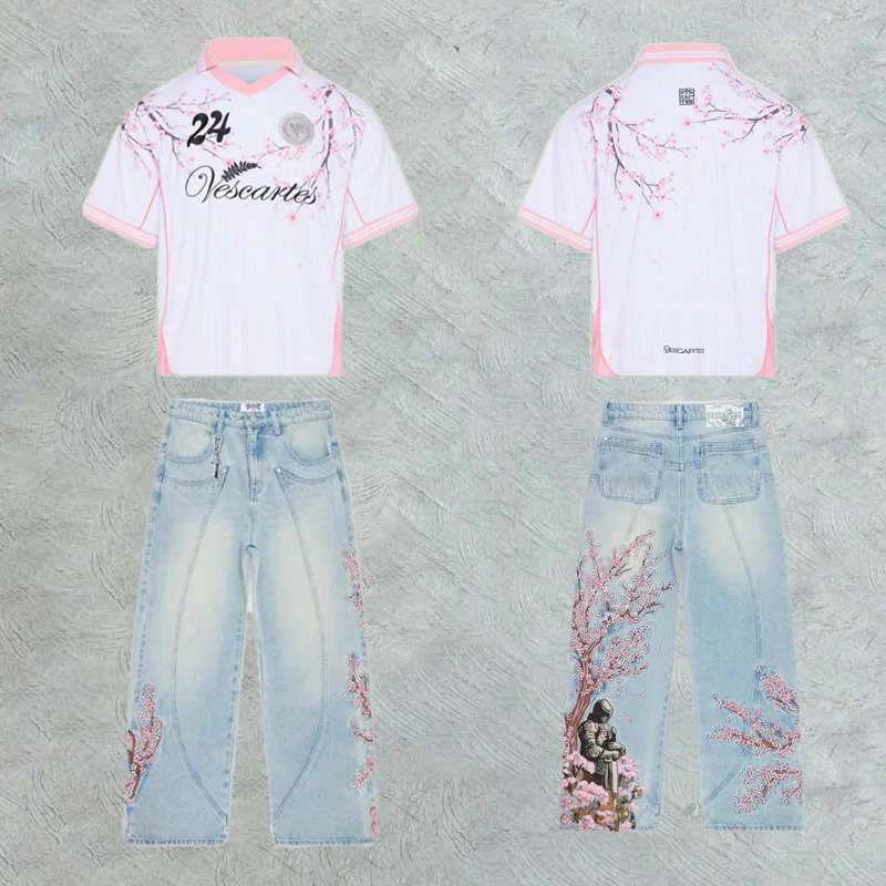 

Новый мужской комплект в стиле ретро Y2K, мешковатые джинсы с вышивкой рыцаря вишни, большие изысканные розовые полосатые футболки с v-образным вырезом