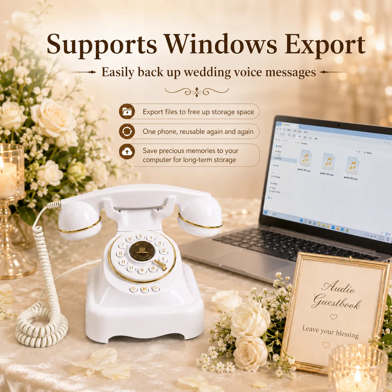 Audio Guestbook Telephone, Vintage Voice Message Recorder for Wedding Birthday Party Bridal Shower, Auto-Save Keepsake