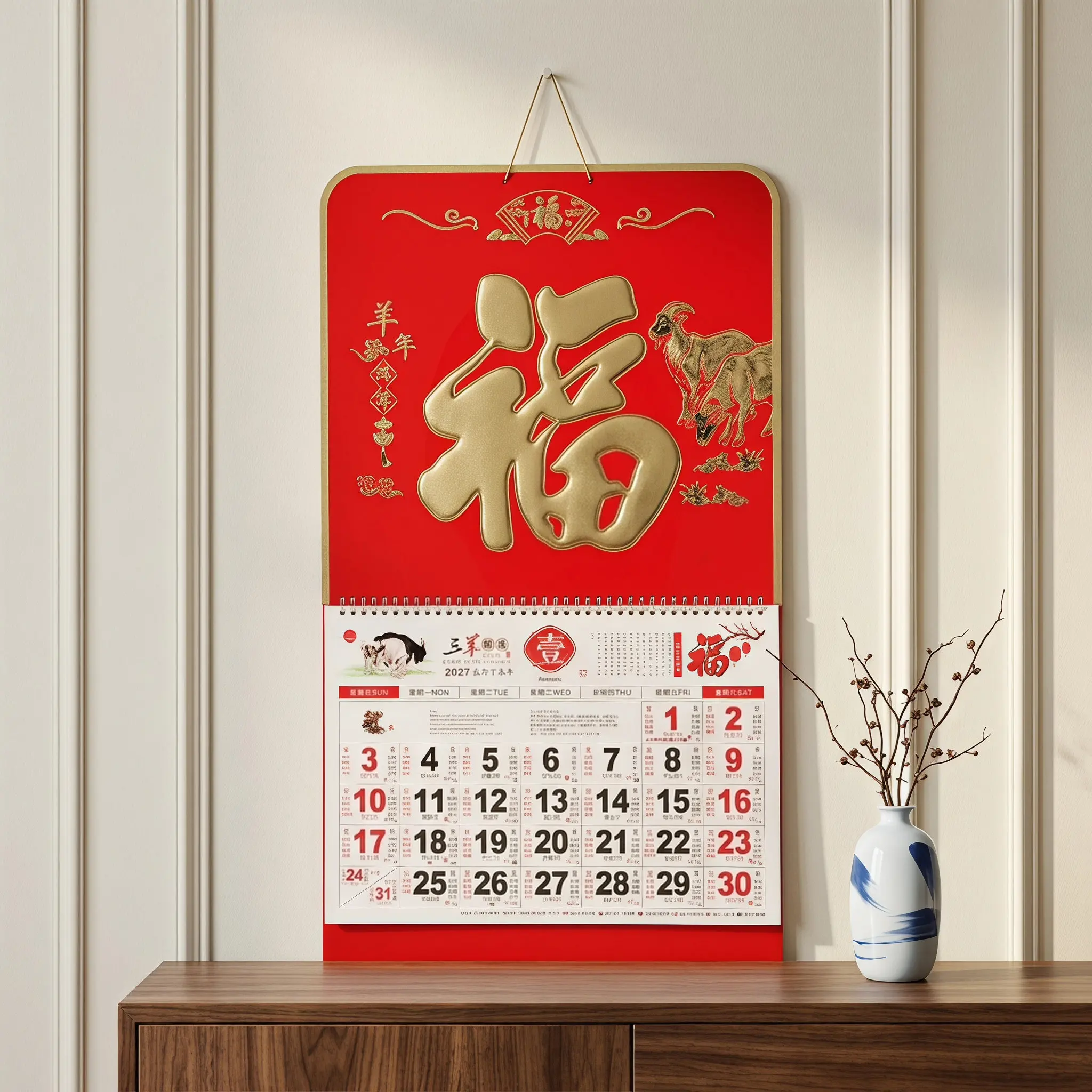 2027 Year of Goat Hanging Calendar Chinese Traditional Calendar Robust Coated Paper Monthly Wall Planner New Year Decor
