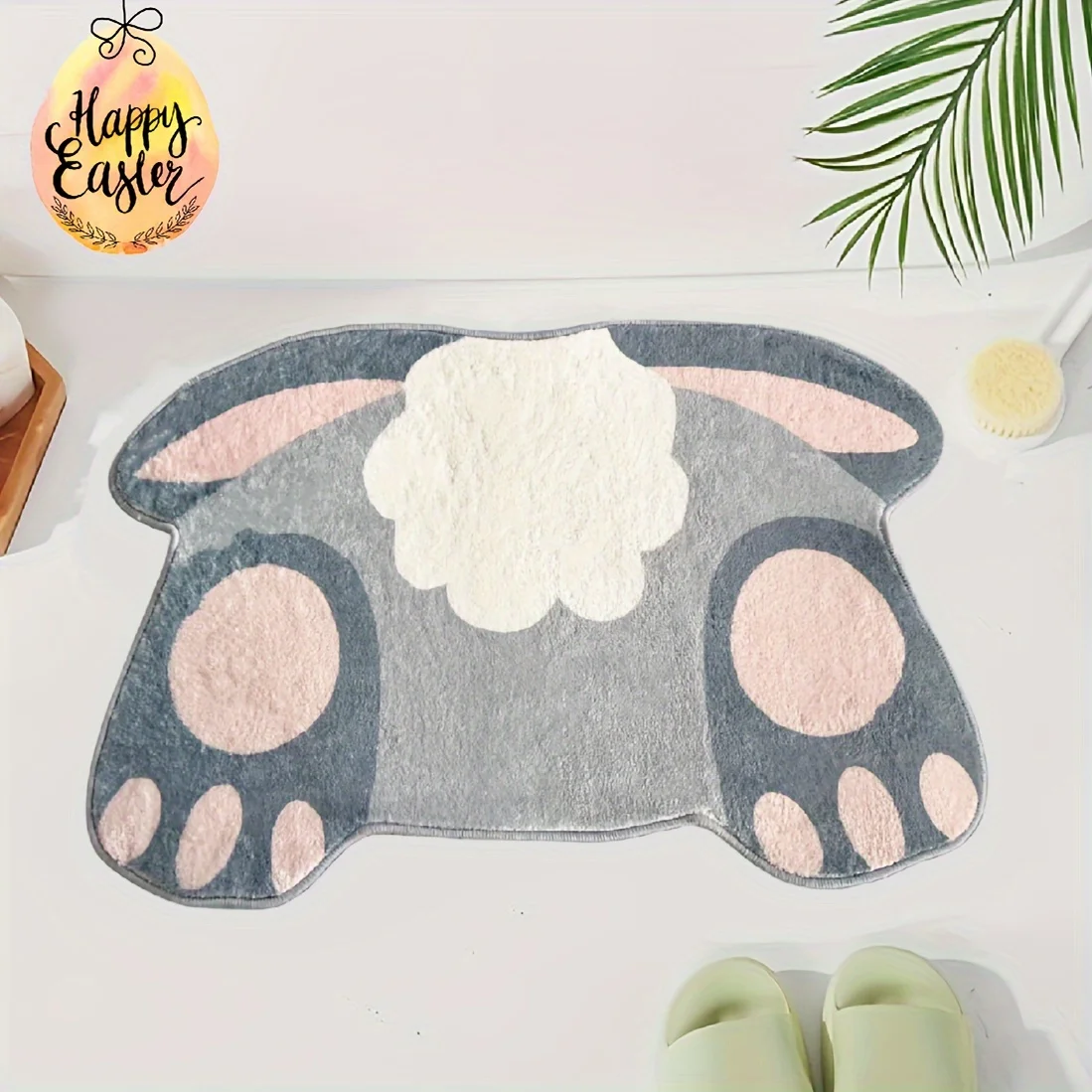 Decorative Design | Easter Bunny Tail Anti Slip Bathroom Carpet - Soft, Absorbent Polyester Rabbit Shaped Mat With Paw Print