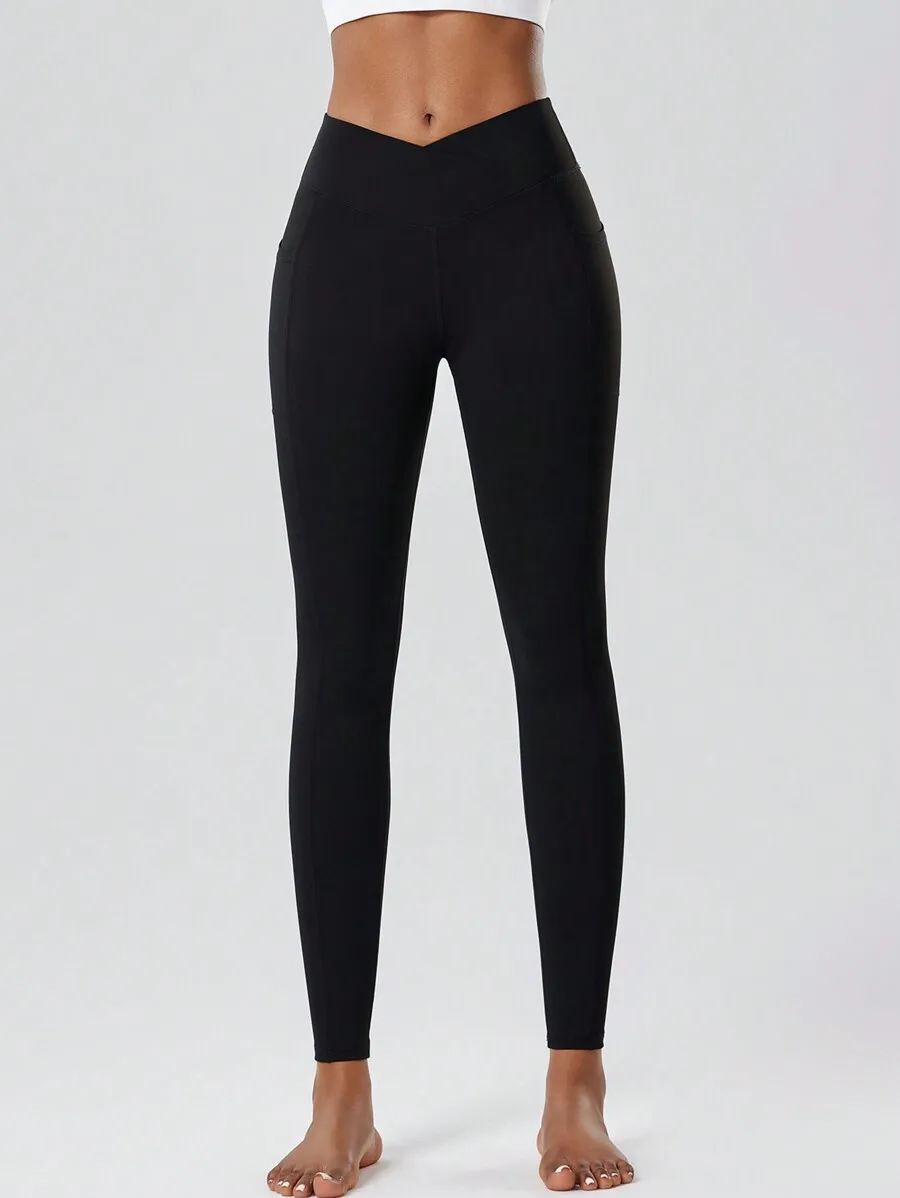 

Womens Yoga Leggings With Pockets Crossover Waist Slim Fit Quick Dry Stretchy Sports Tights