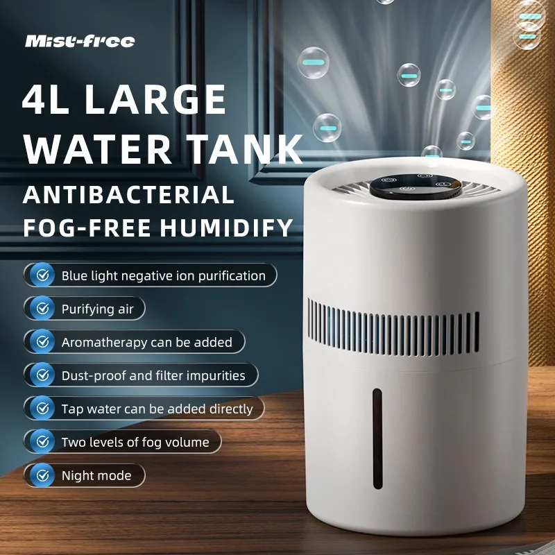 

4L Large Capacity Mist-free Humidifier with Blue Light Negative Ion Purification with Aromatherapy Box USB Humidifier with Touch