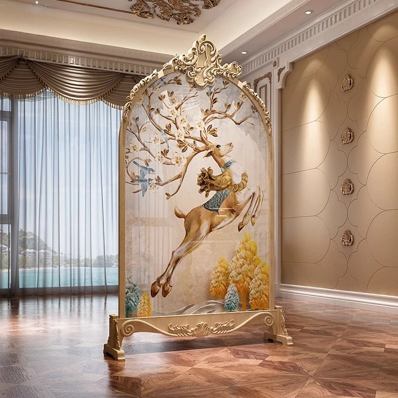 

Solid Wood Carving Flower Screen Partition European Entrance Entrance American Light Luxury Mobile Simple Modern Seat Screen Elk