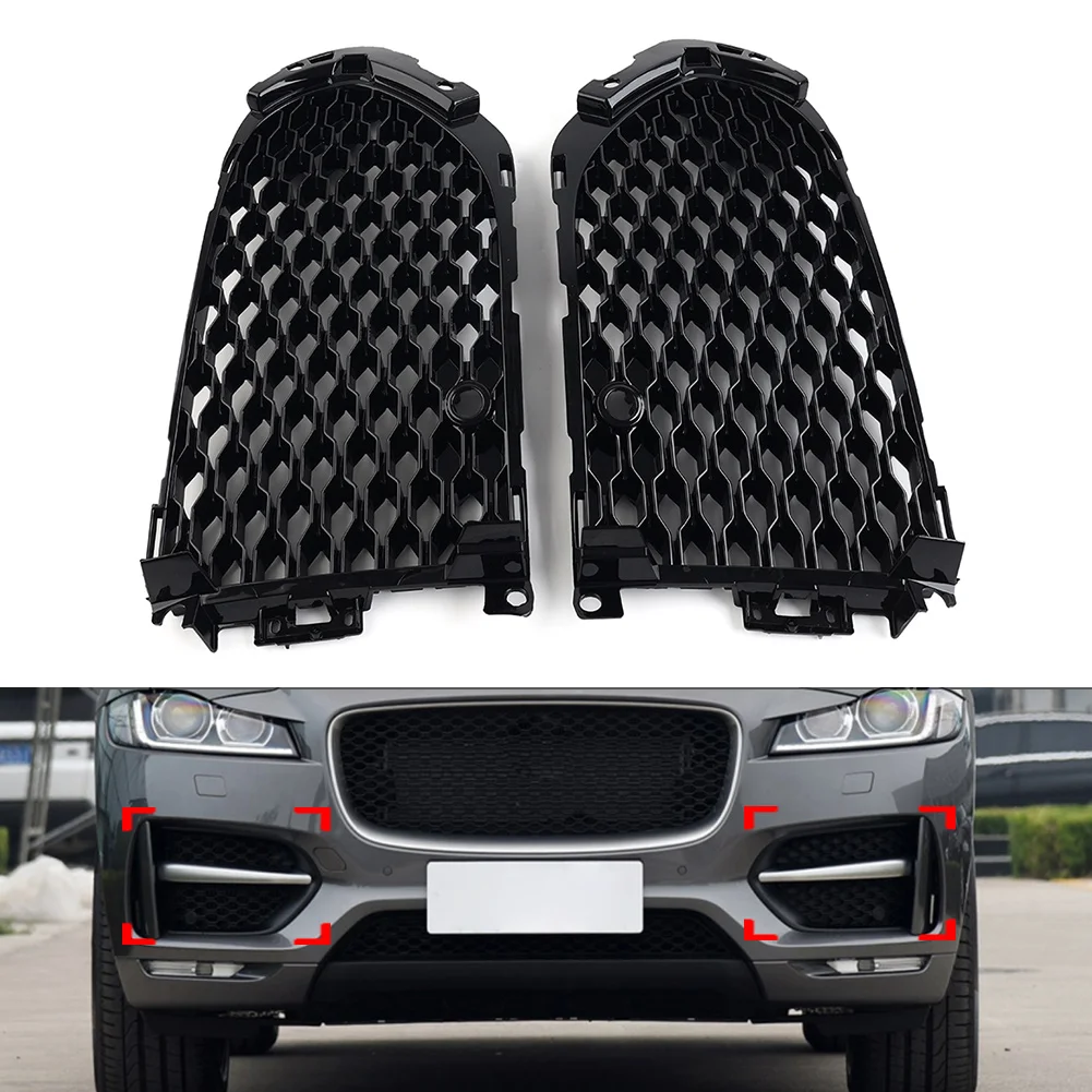 Car Opened Mesh Front Bumper Fog Light Lamp Grill Grille With PDC For Jaguar F-Pace 2016 2017 2018 2019 2020 Glossy Black