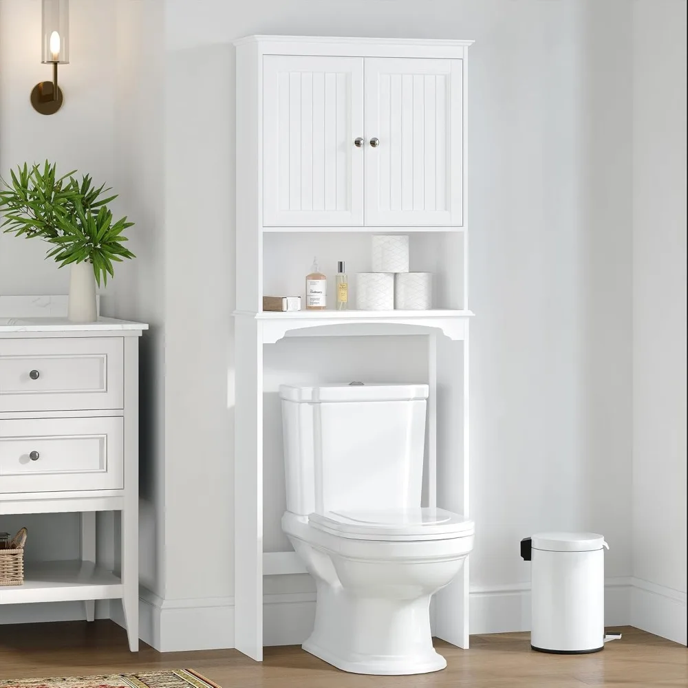 

US Shipping Over The Toilet Storage Cabinet Bathroom Shelf Organizer with Doors White Freestanding