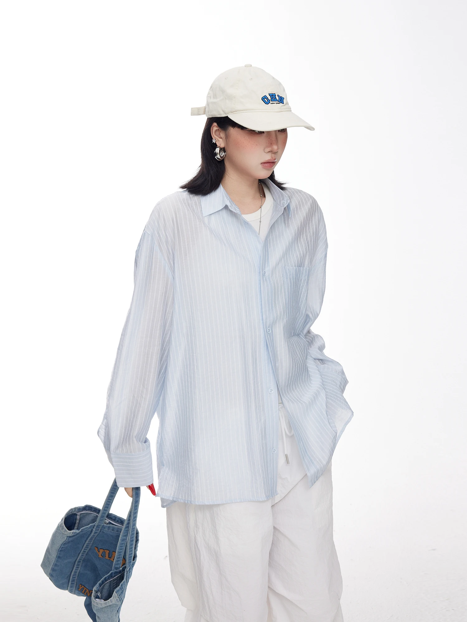 

American Retro Striped Long Sve irt Women's Spring Summer New Design Lazy Loose Sun Protection Cover up Top Street Sle...