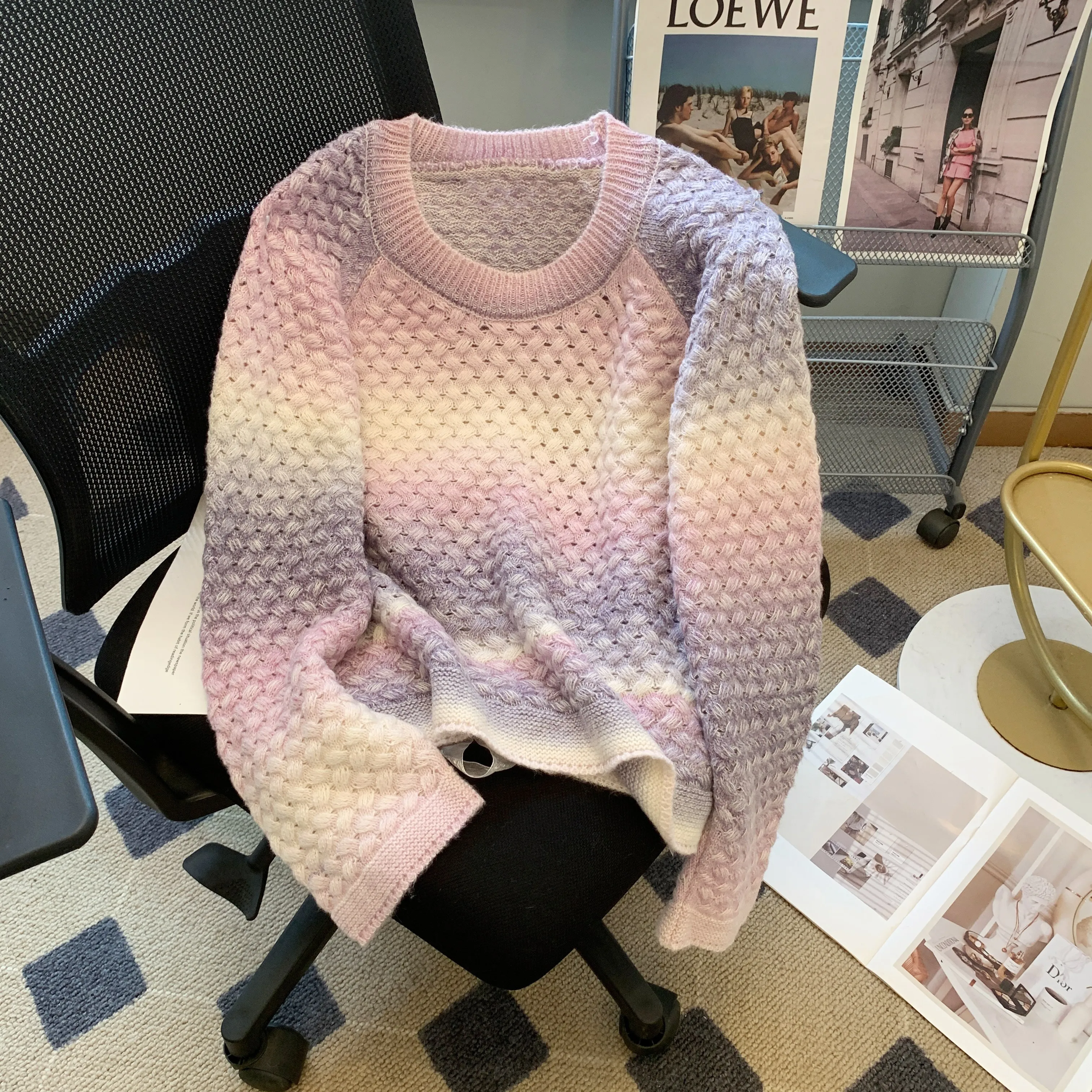 Women Pink Knit Pullover Gradient Sweater Harajuku Vintage Y2k O-Neck Long Sleeves Loose Cashmere Sweaters 2000s Clothes Autumn