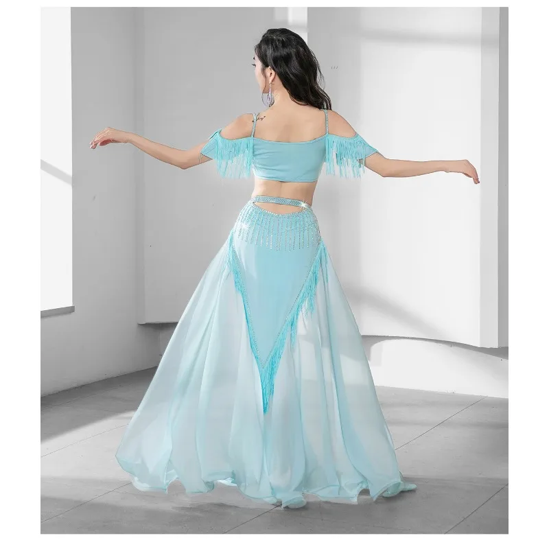 Customized Light Luxury Belly Dance Costumes Practice Set High Waisted Hollow Out Rhinestone Tassel Group Performance Costume