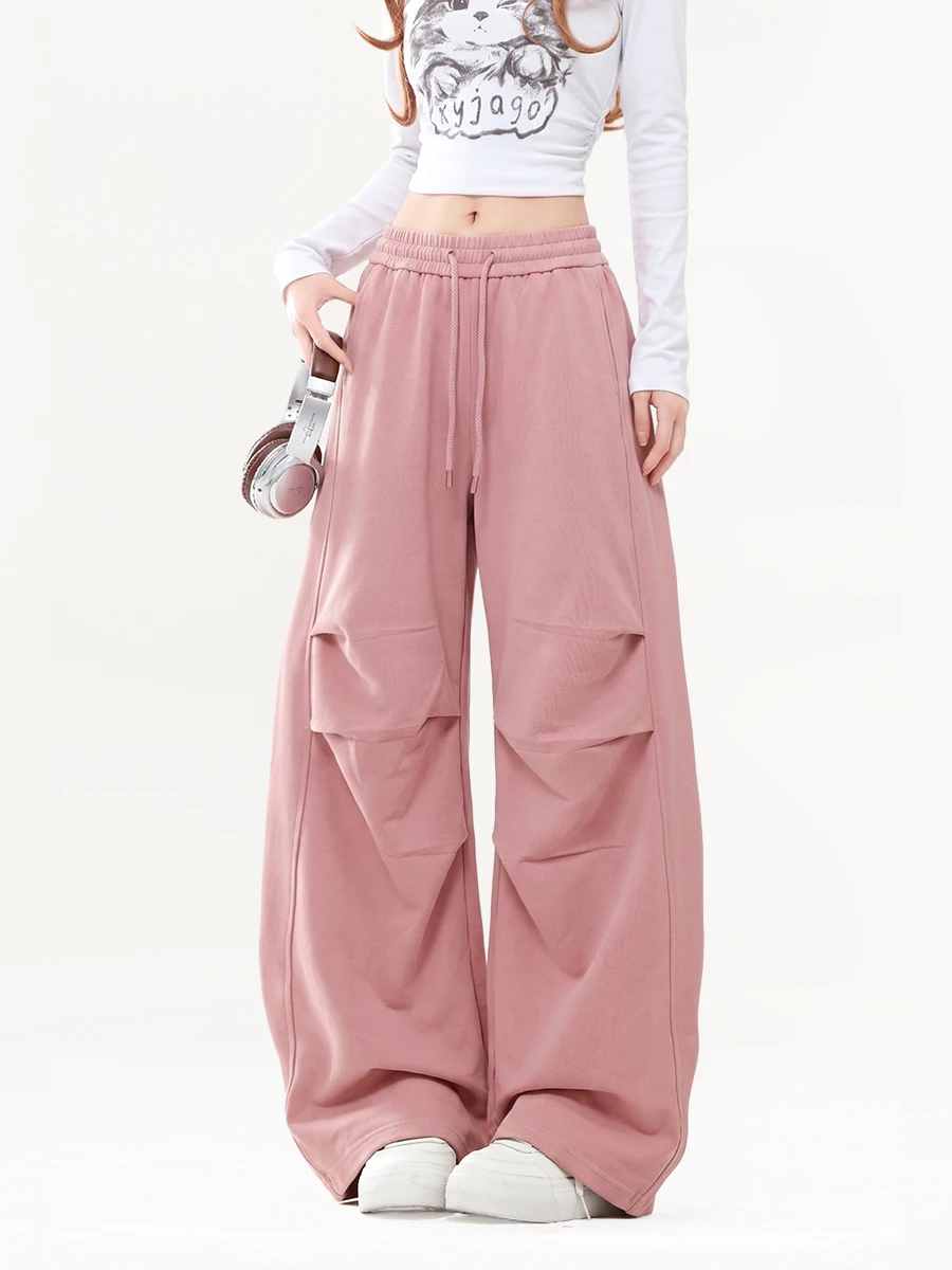 Fall New Pink High Waist Wide Leg Sweatpants Women Loose Slimming Design Sense Blade Pants Commuting Long Pants Asymmetrical ...
